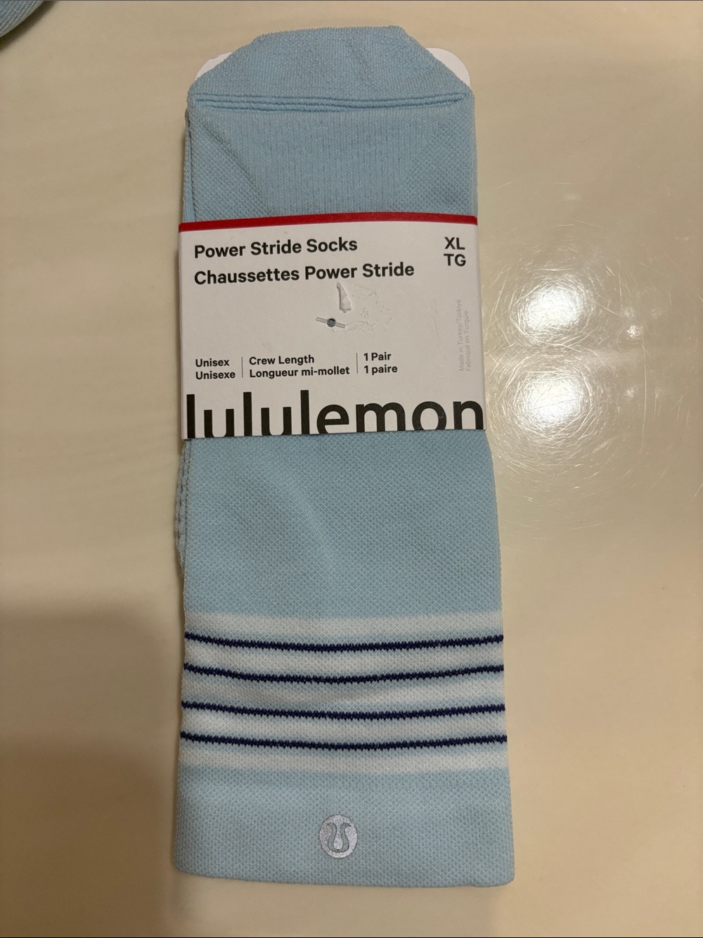 New Lululemon Power Stride Crew Unisex Socks - Light Blue with Navy Stripes XL